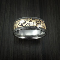 Damascus Steel Ring with 18K Yellow Gold Shakudo Mokume Custom Made Band