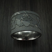 Wide Damascus Steel Celtic Irish Claddagh Ring Hands Clasping Heart Band Carved