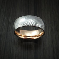 Damascus Steel Ring with 18k Rose Gold Sleeve Custom Made Band