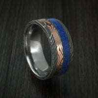 Damascus Steel Band with 14k Rose Gold Mokume Shakudo and Lapis Angled Inlays Custom Made