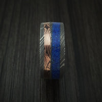 Damascus Steel Band with 14k Rose Gold Mokume Shakudo and Lapis Angled Inlays Custom Made