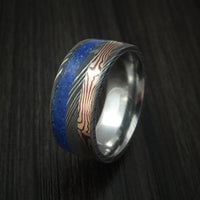 Damascus Steel Band with 14k Rose Gold Mokume Shakudo and Lapis Angled Inlays Custom Made