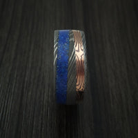 Damascus Steel Band with 14k Rose Gold Mokume Shakudo and Lapis Angled Inlays Custom Made