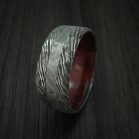 Damascus Steel and Gibeon Meteorite Hammered Ring with Hardwood Sleeve Custom Made Band