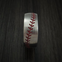 Titanium Baseball Ring with Red Stitching and Wood Sleeve Fan Band Any Size and Color