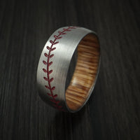 Titanium Baseball Ring with Red Stitching and Wood Sleeve Fan Band Any Size and Color