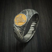 Kuro Damascus Steel Masonic Emblem Signet Ring with Cerakote Custom Made Band