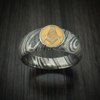 Kuro Damascus Steel Masonic Emblem Signet Ring with Cerakote Custom Made Band