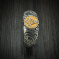 Kuro Damascus Steel Masonic Emblem Signet Ring with Cerakote Custom Made Band