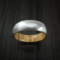 Damascus Steel Ring with 14k White Gold Inlay and Olive Wood Hardwood Interior Sleeve Custom Made Band