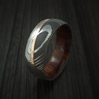 Damascus Steel Diagonal 14K Rose Gold Ring with Hardwood Sleeve Wedding Band Custom Made