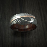 Damascus Steel Diagonal 14K Rose Gold Ring with Hardwood Sleeve Wedding Band Custom Made