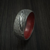 Damascus Steel Hammered Ring with Red Heart Wood Sleeve Custom Made