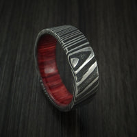 Kuro Damascus Steel Ring with Red Heart Wood Hardwood Sleeve Custom Made Wood Band