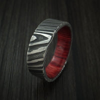 Kuro Damascus Steel Ring with Red Heart Wood Hardwood Sleeve Custom Made Wood Band