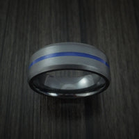 Black Titanium Men's Ring with Center Blue Inlay Wedding Band Genuine Craftsmanship