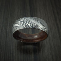 Kuro Damascus Steel Ring with Ancient Kauri Hardwood Sleeve Custom Made Wood Band