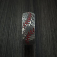 Damascus Steel Double Stitch Baseball Ring with Custom Color and Hardwood Sleeve