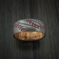 Damascus Steel Double Stitch Baseball Ring with Custom Color and Hardwood Sleeve