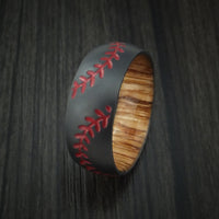 Black Titanium Double Stitch Baseball Men's Ring with Custom Color and Hardwood Sleeve