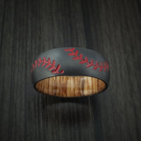 Black Titanium Double Stitch Baseball Men's Ring with Custom Color and Hardwood Sleeve