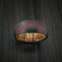 Black Titanium Double Stitch Baseball Men's Ring with Custom Color and Hardwood Sleeve