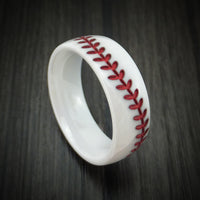 White Ceramic Ring with Baseball Stitching and Cerakote Inlay Custom Made Band