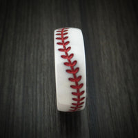 White Ceramic Ring with Baseball Stitching and Cerakote Inlay Custom Made Band
