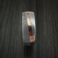 Damascus Steel Ring with Diagonal Rose Gold Mokume Shakudo Inlay and Gold Sleeve Custom Made
