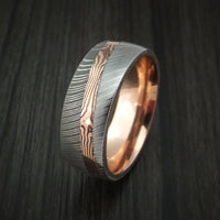 Damascus Steel Ring with Diagonal Rose Gold Mokume Shakudo Inlay and Gold Sleeve Custom Made