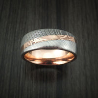 Damascus Steel Ring with Diagonal Rose Gold Mokume Shakudo Inlay and Gold Sleeve Custom Made