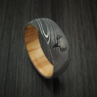 Damascus Steel Band with OLIVE WOOD Sleeve and Custom Buck Engraving Hunter's Band