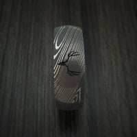 Damascus Steel Band with OLIVE WOOD Sleeve and Custom Buck Engraving Hunter's Band