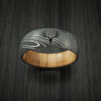 Damascus Steel Band with OLIVE WOOD Sleeve and Custom Buck Engraving Hunter's Band