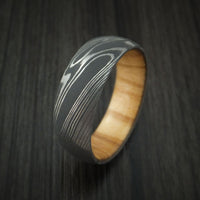 Damascus Steel Ring with OLIVE WOOD Hardwood Interior Sleeve Custom Made