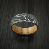 Damascus Steel Ring with OLIVE WOOD Hardwood Interior Sleeve Custom Made