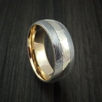 Damascus Steel and Mokume Ring with Yellow Gold Sleeve Wedding Band Custom Made
