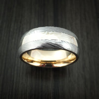 Damascus Steel and Mokume Ring with Yellow Gold Sleeve Wedding Band Custom Made