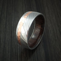 Damascus Steel and Hammered Copper Ring with WENGE Wood Hardwood Sleeve Custom Made