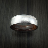 Damascus Steel Ring with 14k White Gold Inlay and Hardwood Interior Sleeve Custom Made Band