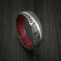 Kuro Damascus Steel Diagonal 14K White Gold Ring Wedding Band Wood Sleeve Custom Made