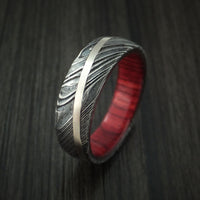 Kuro Damascus Steel Diagonal 14K White Gold Ring Wedding Band Wood Sleeve Custom Made