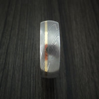 Damascus Steel Ring with 14k Yellow Gold Inlay and Bocote Hardwood Interior Sleeve Custom Made Band