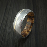 Damascus Steel Ring with 14k Yellow Gold Inlay and Bocote Hardwood Interior Sleeve Custom Made Band