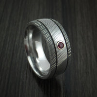 Damascus Steel Ring with Bezel Set Ruby Custom Made Band