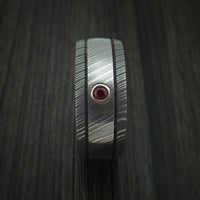 Damascus Steel Ring with Bezel Set Ruby Custom Made Band