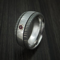 Damascus Steel Ring with Bezel Set Ruby Custom Made Band