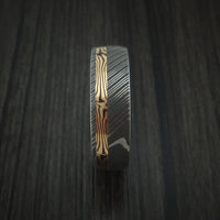 Damascus Steel Ring with 18K Yellow Gold Mokume Shakudo and 14K Yellow Gold Sleeve Custom Made Band