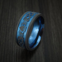 Black Titanium Anodized Celtic Irish Claddagh Ring Hands Clasping Heart Band Carved
