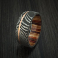 Damascus Steel and 14k Rose Gold Ring with Hazelnut Hardwood Sleeve Custom Made Band